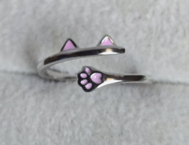 925 Sterling Silver Kitty Cat Ears &amp; Paw Pink Enamel Ring Size 7 Adjust. *CUTE* - $14.95