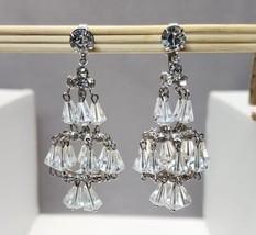 Vintage Clear Faceted Rhinestones MCM Silver-tone Chandelier Clip-on Ear... - £47.31 GBP