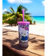 Hello Kitty Cup Tumbler Pink &amp; Blue Bows Hearts Pink Straw NEW Blue outfit - $429.58 MXN