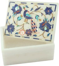 Designer Marble White Top Jewelry Box Lapis Peacock Floral Inlay Art Gif... - £171.32 GBP