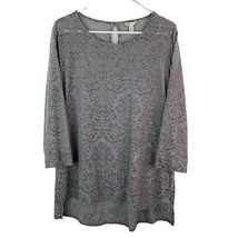 Cato Velvet Burnout Tunic Top Women L Silver Hi Low Keyhole Side Slits 3/4 Slv - £12.94 GBP