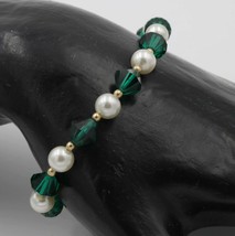 Vintage Faux Pearl Green Crystal Bicone Rhinestone Bracelet - $9.89
