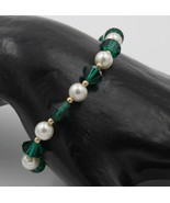 Vintage Faux Pearl Green Crystal Bicone Rhinestone Bracelet - £7.72 GBP