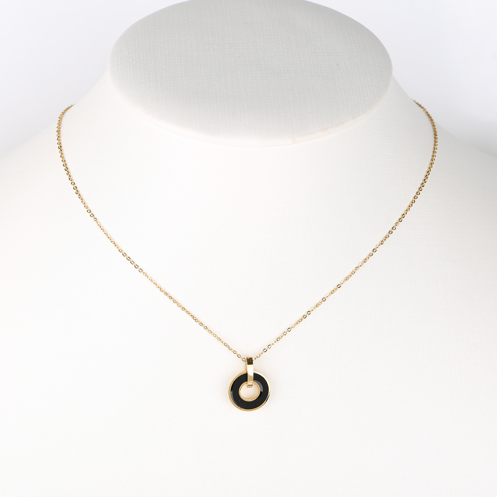 Gold Tone Necklace With Jet Black Faux Onyx Circular Pendant
