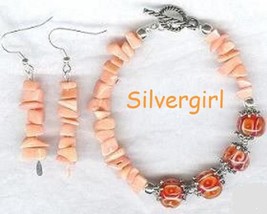Pink Bamboo Coral Encased Lampwork Bracelet Earring Set - £13.57 GBP