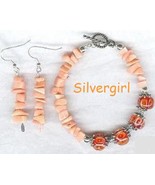 Pink Bamboo Coral Encased Lampwork Bracelet Earring Set - £13.36 GBP