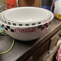 Set Of Three Coca-Cola Nesting Checkered Rim Stoneware Mixing Bowls - $24.99