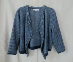 Ann Taylor LOFT  jacket blazer open front Large blue tweed fringe unline... - $22.49