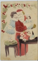 Christmas Girl Whispers to Santa with Doll Airbrushed Embossed c1910 Postcard K2 - £19.57 GBP