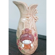 Vintage Lefton Orange Pitcher Bud Vase Handpainted Girl Embossed Girl and Bow - £21.61 GBP