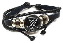 Satan Lucifer Bracelet Occult Satanic Symbol Leather Cuff Baphomet Cord Adjust - £5.21 GBP