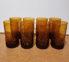 Set Of 8 Anthropologie Amber Drinking Glass Tumblers Fleur De Lis Design 20 oz - £79.37 GBP