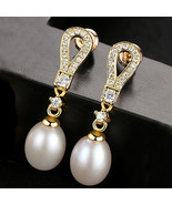 Pearl Earrings Women&#39;s S925 Sterling Silver 18K Gold Electroplated Zirco... - £25.28 GBP