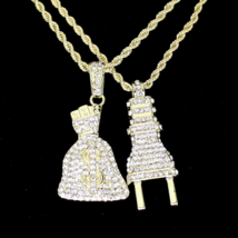 Mens 14k Gold Plated 2 pc Set Icy CZ Plug &amp; Money Bag 3mm 20&quot; Rope Chains HipHop - £11.19 GBP