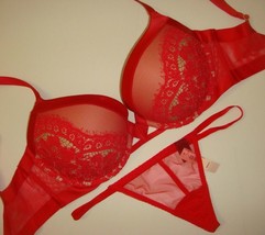 Nwt Victoria&#39;s Secret 32DDD Bra SET+O/S Thong Red Satin Floral Lace Valentine - £55.26 GBP
