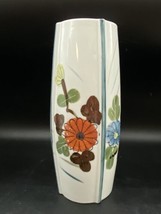 Vintage Floral Blue &amp; Orange Flowers 9.5” Tall Ceramic Vase Japanese Aes... - £17.59 GBP