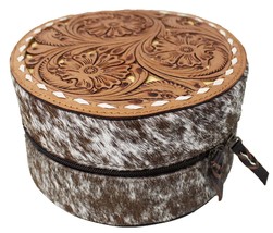 Women&#39;s Western Small Round Travel Tooled Leather Jewelry Travel Case Gi... - $49.99