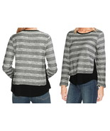 Vince Camuto Two Tone Top Small 2 4 Gray Stripe Black Trim Faux Underlay... - $38.81