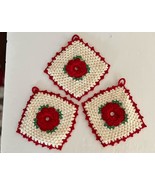 3 Vintage Hand Crocheted 5.5&quot; Granny Square Potholders Cabbage Rose Design - $19.79