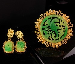 Vintage Vendome set oriental jade brooch Chinese jade earrings signed good luck  - £237.26 GBP