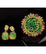 Vintage Vendome set oriental jade brooch Chinese jade earrings signed go... - $295.00