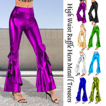 Women Polyester Shiny Wet Look Flared Pants Bell Bottom Skinny Trousers ... - $23.63