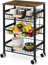 Heomu 4 Tier Rolling Kitchen Storage Cart, Metal Microwave Stand, Rustic Brown - £41.55 GBP