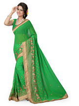 Designer Parrot Green Heavy Zari Embroidery Work Sari Georgette Party We... - £56.46 GBP
