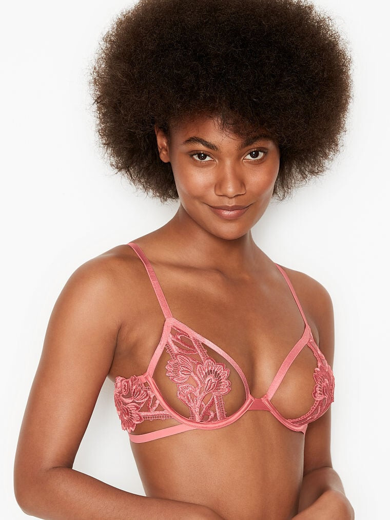 Victoria&#39;s Secret unlined 34B,34DD BRA PINK strappy APPLIQUE Lace embroi... - $49.49