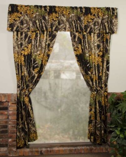 BLACK CAMO CAMOUFLAGE WOODS 5PC CURTAIN SET HUNTING CABIN LODGE WINDOW CURTAINS - $26.95