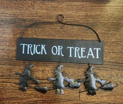 Metal Halloween Sign Trick Or Treat Black 3 Witches Hanging Indoor Decor... - $18.99