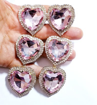 Pink Rose Rhinestone Heart, CLIP ON Earrings, Oversized Chandelier Earrings, Dro - £47.29 GBP