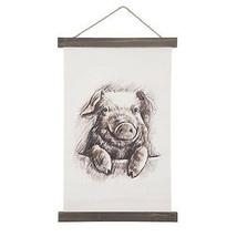 Farmhouse Pig Wall Hanging Canvas Wood Wall Scroll Blk Taupe Country Home Decor - £22.34 GBP