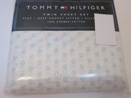 Tommy Hilfiger MELROSE Aqua White Floral Dot 3P Twin Sheet Set - £30.08 GBP