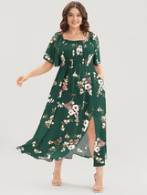 Bloomchic Floral Square Neck Ruffles Pocket Shirred Split Dress Dark Green 22-24 - £19.19 GBP