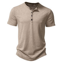 Mens Plain Short Sleeve Henley T Shirt Summer Casual Khaki - £24.11 GBP