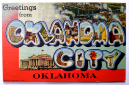 Greetings From Oklahoma City Large Big Letter Linen Postcard Curt Teich Unused - £8.78 GBP