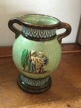 Vintage Made in Japan Small Green with Blue &amp; Brown &amp; Couple Double Handled Vase - £10.46 GBP