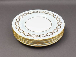 Minton England Tiffany S600 Gold Laurel Leaf Light Blue Luncheon Plate Set Of 6 - £786.34 GBP