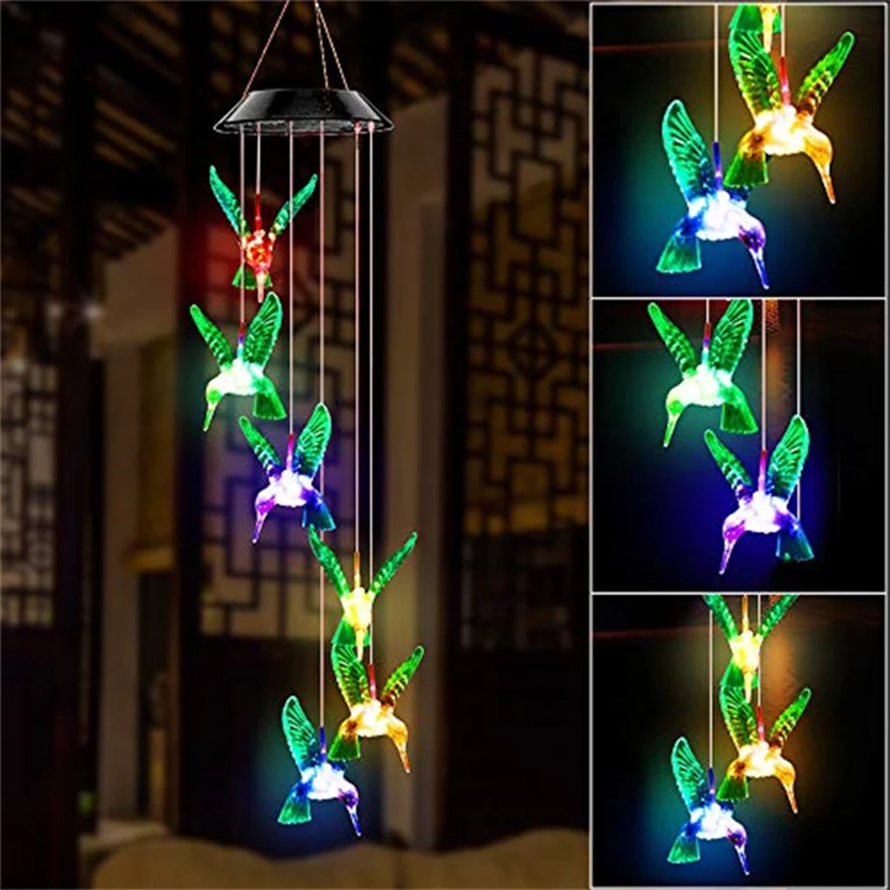 Color-changing solar wind chime LED crystal ball hummingbird light waterproof ou - £44.22 GBP