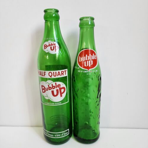 Primary image for Vintage Bubble Up 10 Oz 16 Oz Bottles Lot Of 2 Soda Pop Green Half Quart