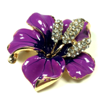 Modern Purple Enamel Rhinestone Lily Flower Brooch Pin 1.8&quot; - £14.93 GBP