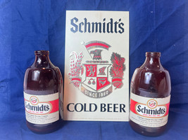 VTG Schmidt&#39;s Cold Beer Sign And Two Empty 12 Oz Stubby Beer Bottles Twist Cap - £31.61 GBP