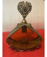 ORNATE VINTAGE LARGE PERFUME BOTTLE FILIGREE GOLD ORMOLU TONE AMBER GLAS... - $166.25
