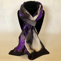 Hand Painted Silk Scarf Purple White Gray Black Rectangle Unique Womens ... - $56.00