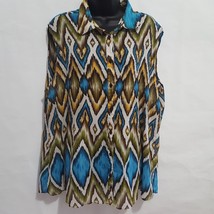 Ashley Stewart Womens Shirt 18 20 Blue Brown Green Sleeveless Button Ikat - £8.87 GBP