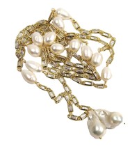 New! 14kt Gold Plate Glass Crystal &amp; Genuine Pearl Lariat Necklace - £130.50 GBP