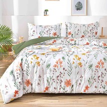 Queen Size Comforter Set, White Yellow Floral, Green Leaf Pattern Print Reversib - £64.99 GBP