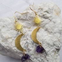 Natural Purple Crystal Celestial Sun And Moon Dangle Earrings - £11.68 GBP