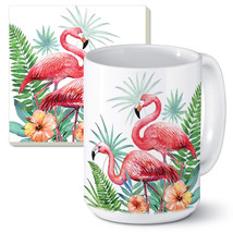 Pink Famingo Pair Ceramic 11 oz Coffee Mug Stone Coaster Gift Set - £20.09 GBP
